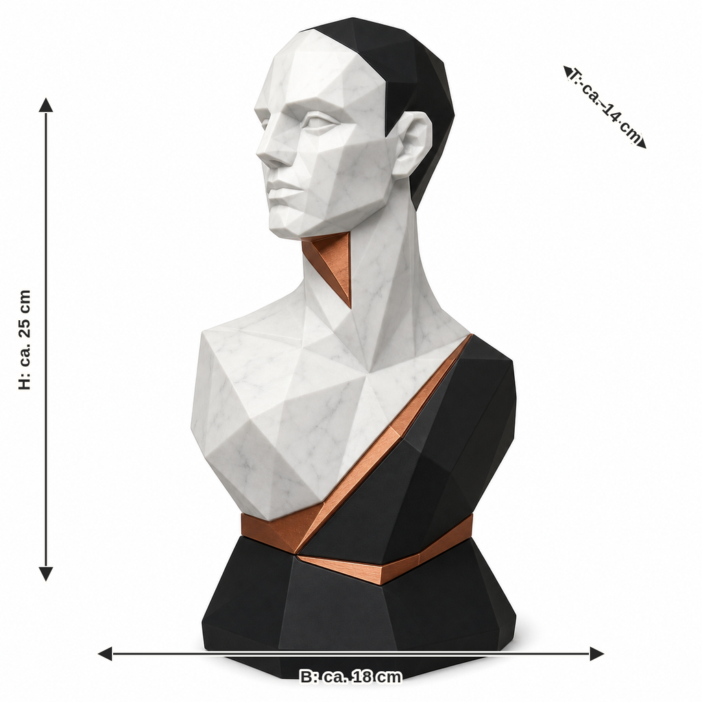 Measurement for faceted portrait bust in marble look: width approx. 18 cm, depth approx. 14 cm, height approx. 25 cm