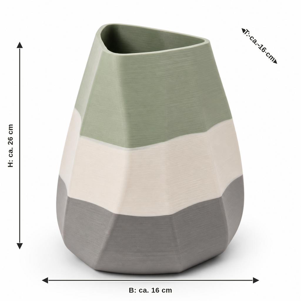 Maßbild für Facettierte Vase in Salbei, Creme und Grau: Breite ca. 16 cm, Tiefe ca. 16 cm, Höhe ca. 26 cm