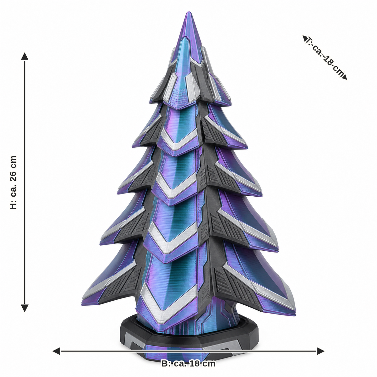 Maßbild für Facettierter Deko-Weihnachtsbaum in Violett und Türkis: Breite ca. 18 cm, Tiefe ca. 18 cm, Höhe ca. 26 cm