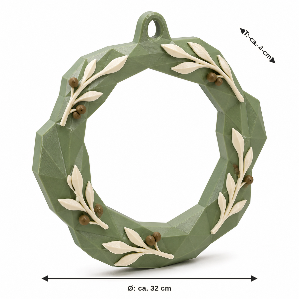 Maßbild für Facettierter Türkranz mit Blätterranke: Durchmesser ca. 32 cm, Tiefe ca. 4 cm
