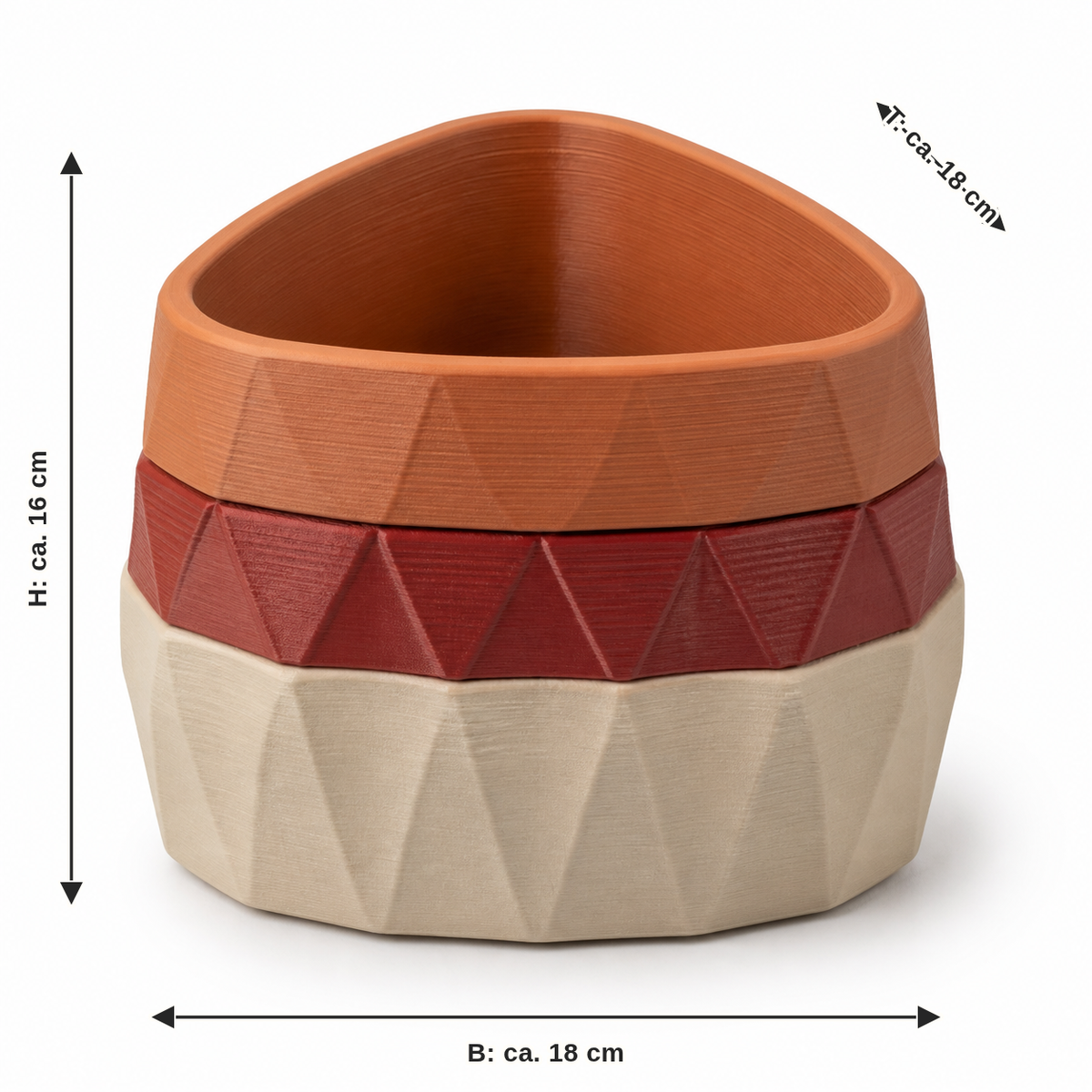 Maßbild für Facettiertes Pflanzgefäß in Terrakotta, Rot und Creme: Breite ca. 18 cm, Tiefe ca. 18 cm, Höhe ca. 16 cm
