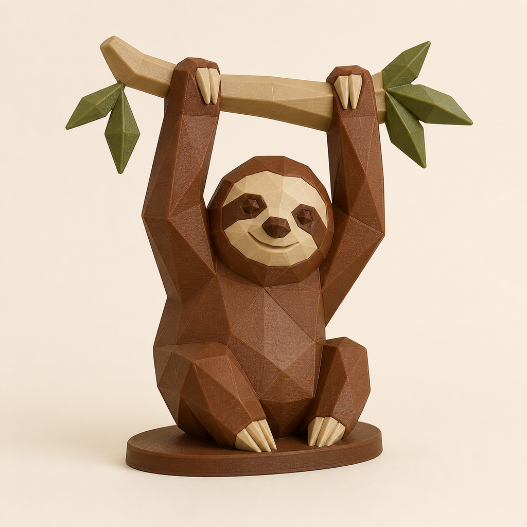 Faultier-Low-Poly-Skulptur Facettenfigur aus 3D-gedrucktem PETG in Kastanienbraun, Sandbeige, Olivgrün