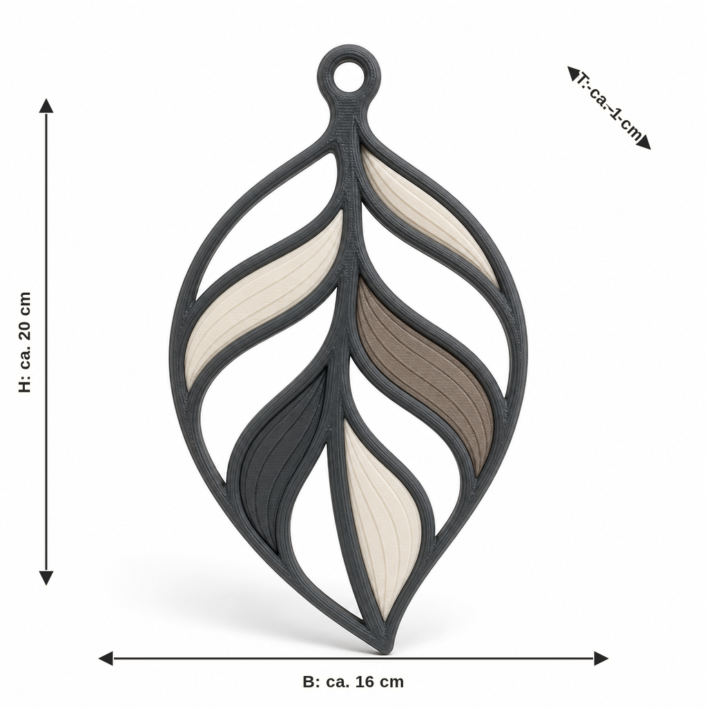 Maßbild für Fensteranhänger in geschwungener Blattform: Breite ca. 16 cm, Tiefe ca. 1 cm, Höhe ca. 20 cm
