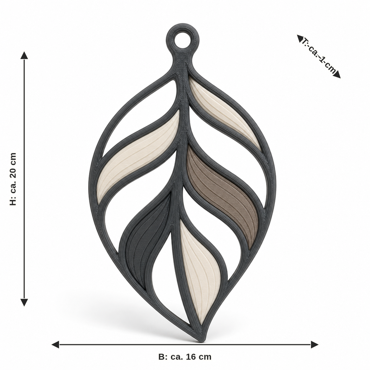 Maßbild für Fensteranhänger in geschwungener Blattform: Breite ca. 16 cm, Tiefe ca. 1 cm, Höhe ca. 20 cm