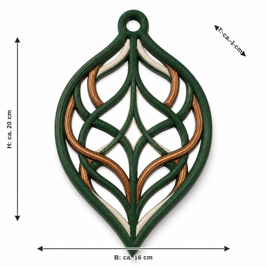 Maßbild für Fensteranhänger in nordischer Blattform: Breite ca. 16 cm, Tiefe ca. 1 cm, Höhe ca. 20 cm