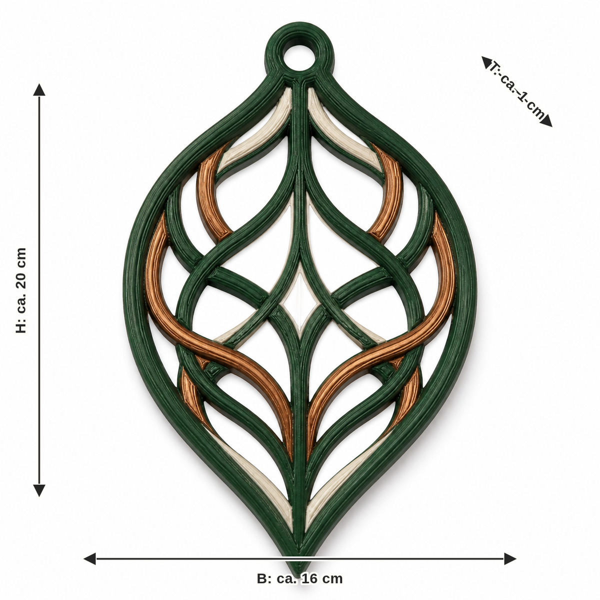 Maßbild für Fensteranhänger in nordischer Blattform: Breite ca. 16 cm, Tiefe ca. 1 cm, Höhe ca. 20 cm