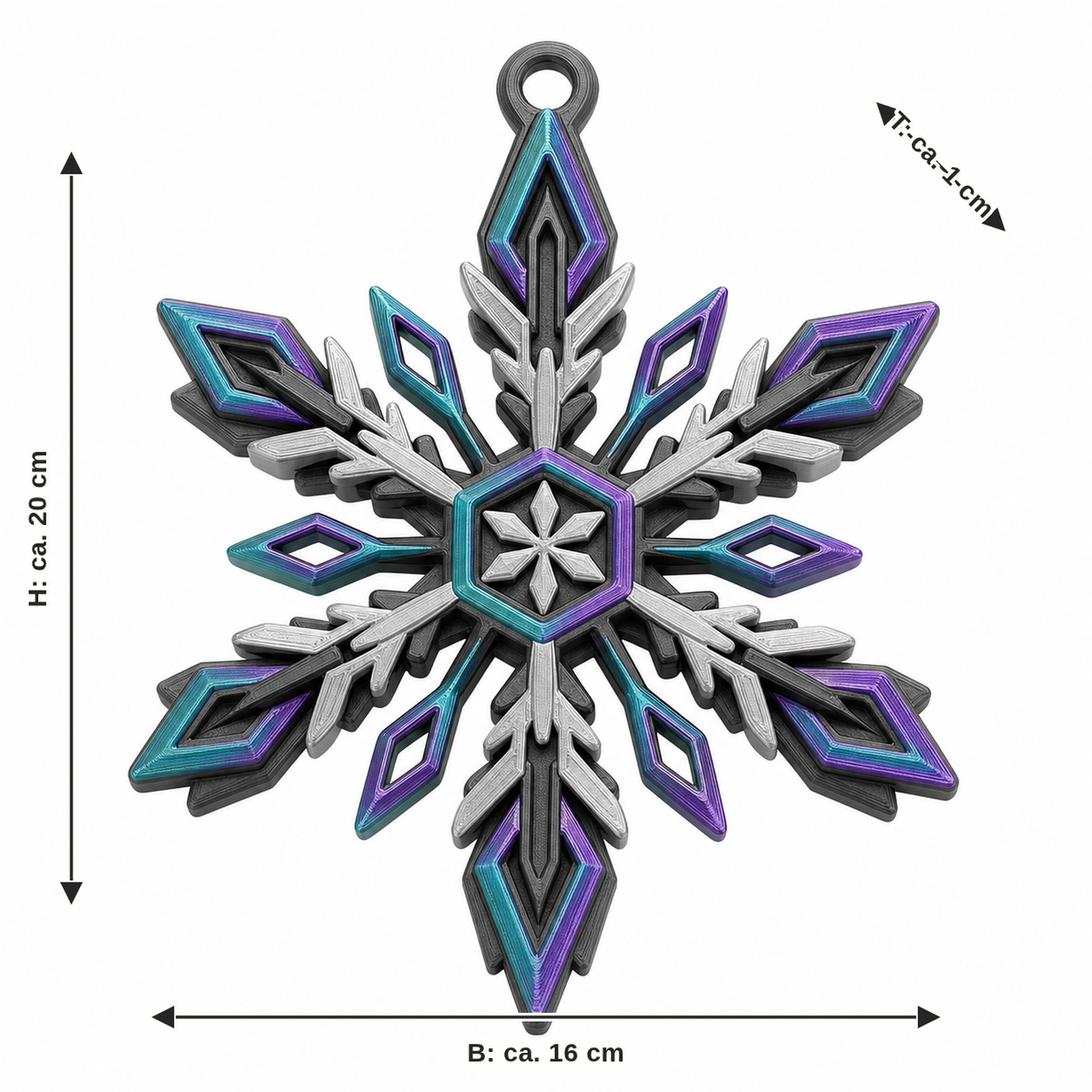 Maßbild für Fensteranhänger mit kristallinem Schneeflockenmotiv: Breite ca. 16 cm, Tiefe ca. 1 cm, Höhe ca. 20 cm