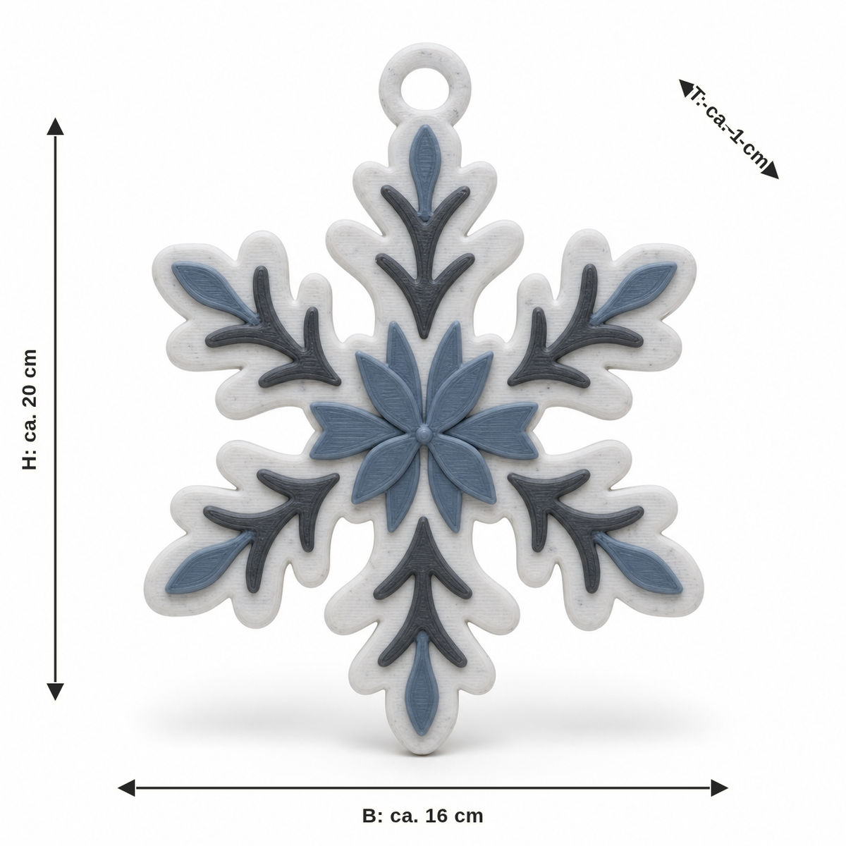 Maßbild für Fensteranhänger mit Schneeflockenmotiv: Breite ca. 16 cm, Tiefe ca. 1 cm, Höhe ca. 20 cm