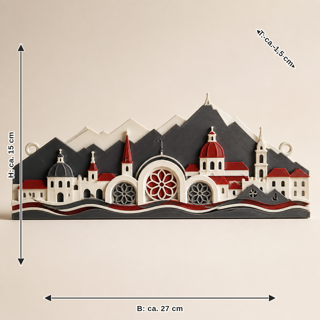 Maßbild für Fensterbild Altstadtbögen – Salzburg: Breite ca. 27 cm, Tiefe ca. 1,5 cm, Höhe ca. 15 cm