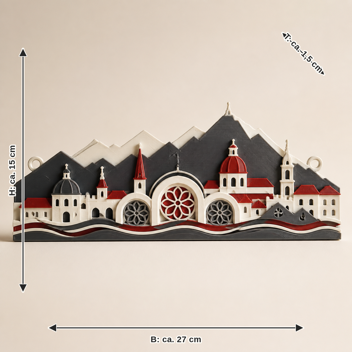 Maßbild für Fensterbild Altstadtbögen – Salzburg: Breite ca. 27 cm, Tiefe ca. 1,5 cm, Höhe ca. 15 cm
