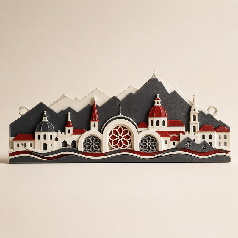 Fensterbild Altstadtbögen – Salzburg aus PETG auf hellem Studiohintergrund