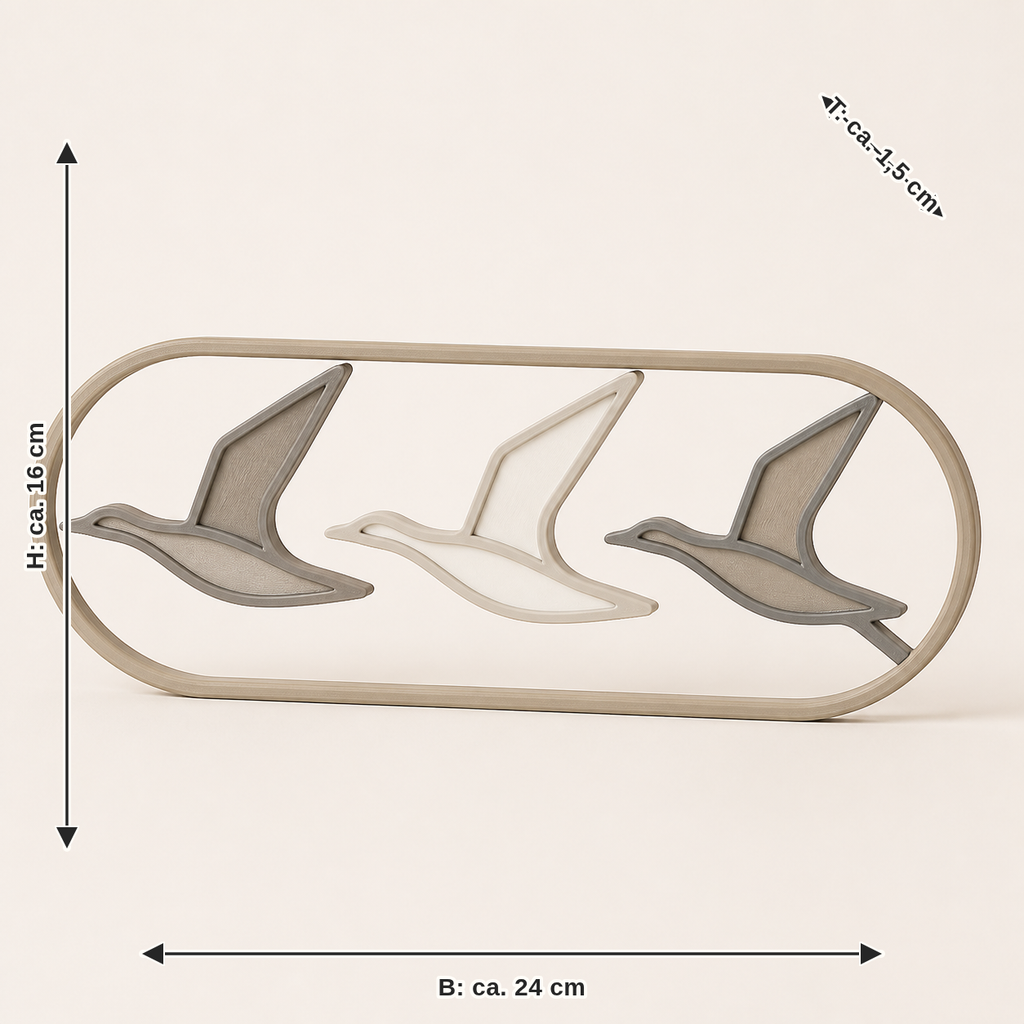 Dimensional image for window picture Bird flight – minimalist: width approx. 24 cm, depth approx. 1,5 cm, height approx. 16 cm