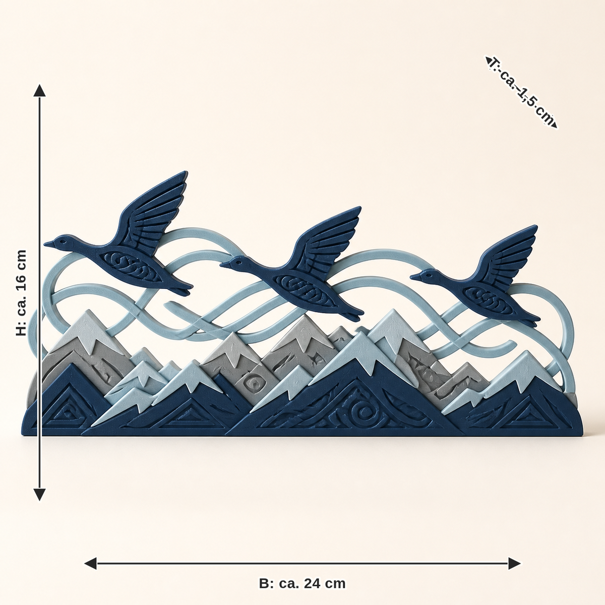 Maßbild für Fensterbild Vogelflug – Nordisch & Mythisch: Breite ca. 24 cm, Tiefe ca. 1,5 cm, Höhe ca. 16 cm
