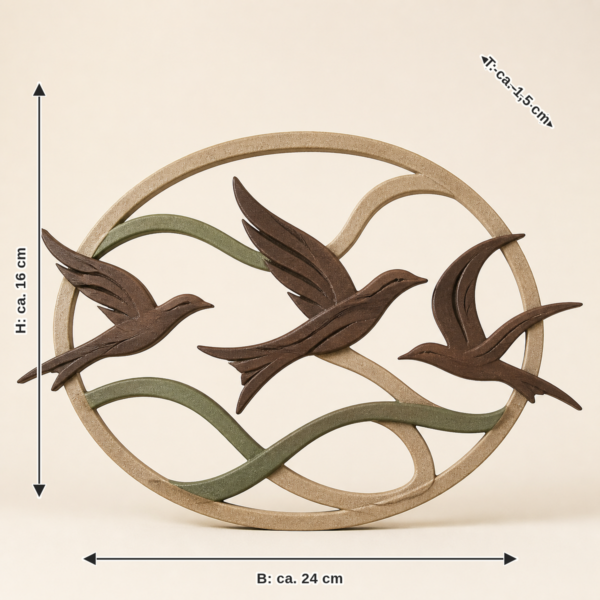 Maßbild für Fensterbild Vogelflug – Urig: Breite ca. 24 cm, Tiefe ca. 1,5 cm, Höhe ca. 16 cm