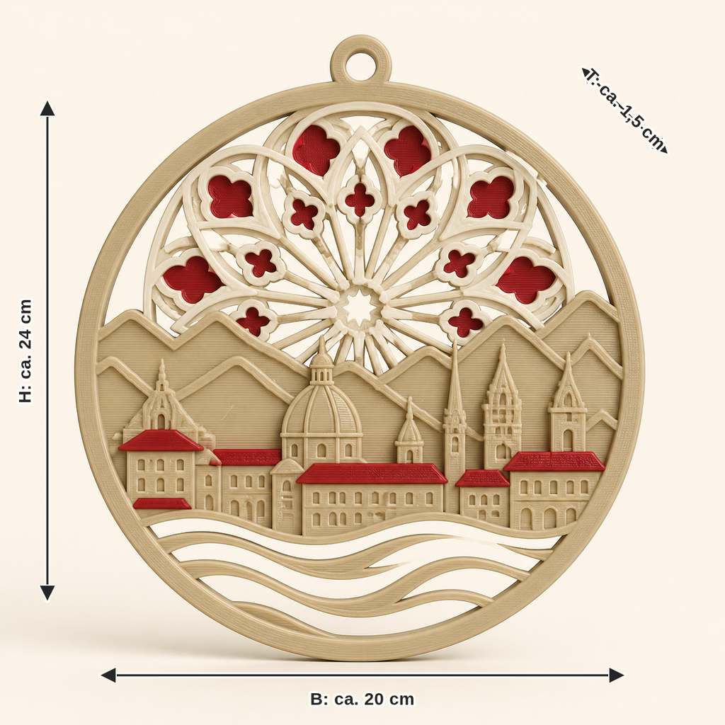 Maßbild für Fensterhänger Barockrosette – Salzburg: Breite ca. 20 cm, Tiefe ca. 1,5 cm, Höhe ca. 24 cm