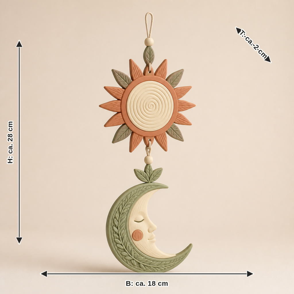 Measurement for window ornament Sun & Moon – Country: width approx. 18 cm, depth approx. 2 cm, height approx. 28 cm
