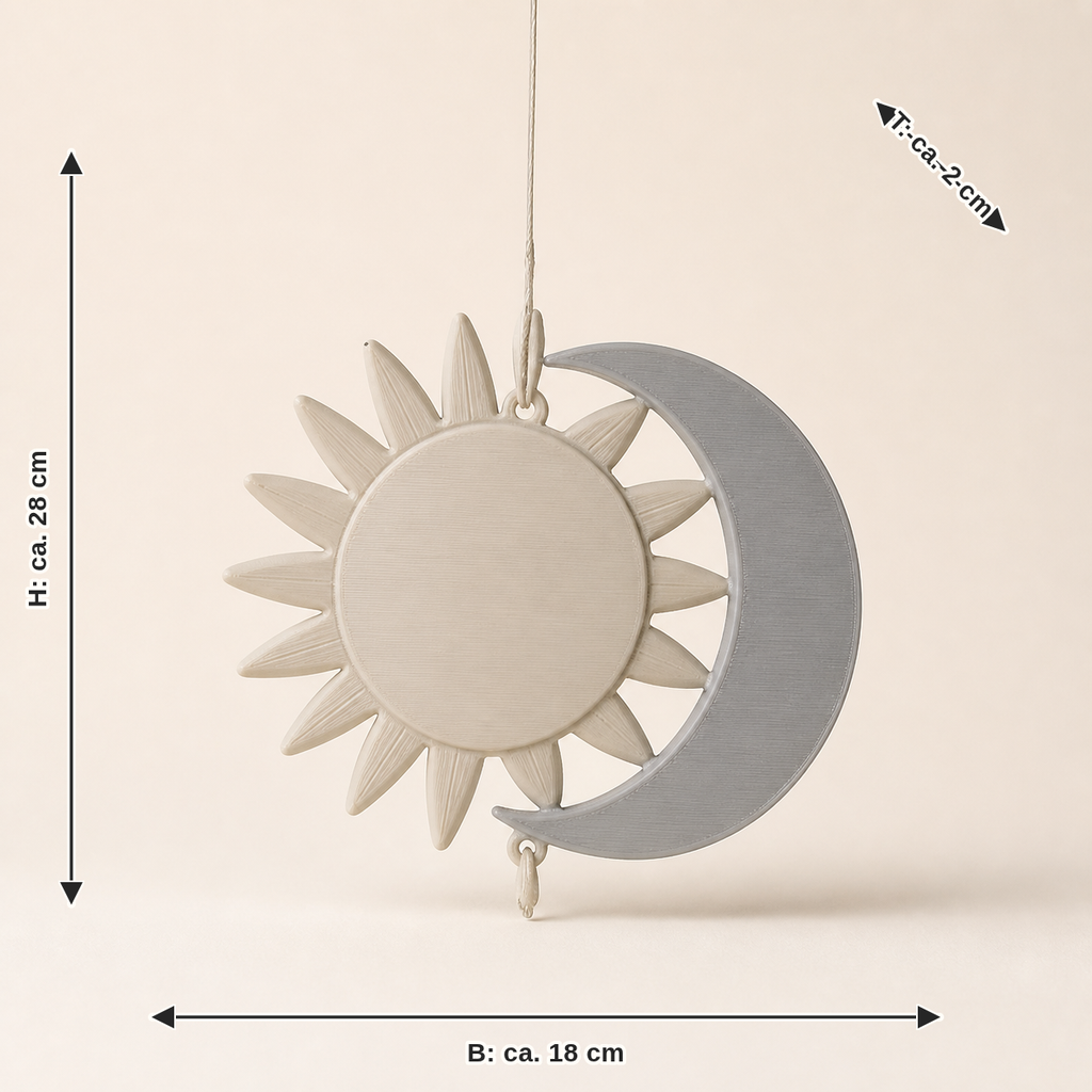 Maßbild für Fensterhänger Sonne & Mond – Minimalistisch: Breite ca. 18 cm, Tiefe ca. 2 cm, Höhe ca. 28 cm