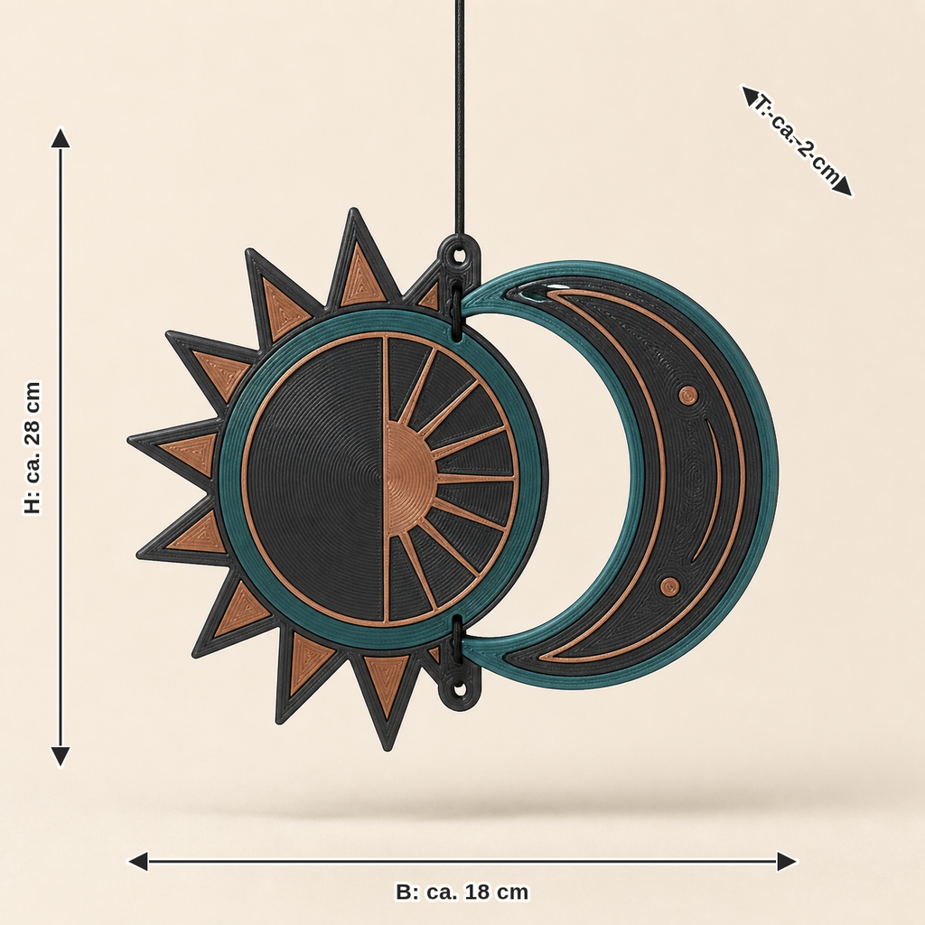 Dimensional image for window ornament Sun & Moon – Modern: width approx. 18 cm, depth approx. 2 cm, height approx. 28 cm