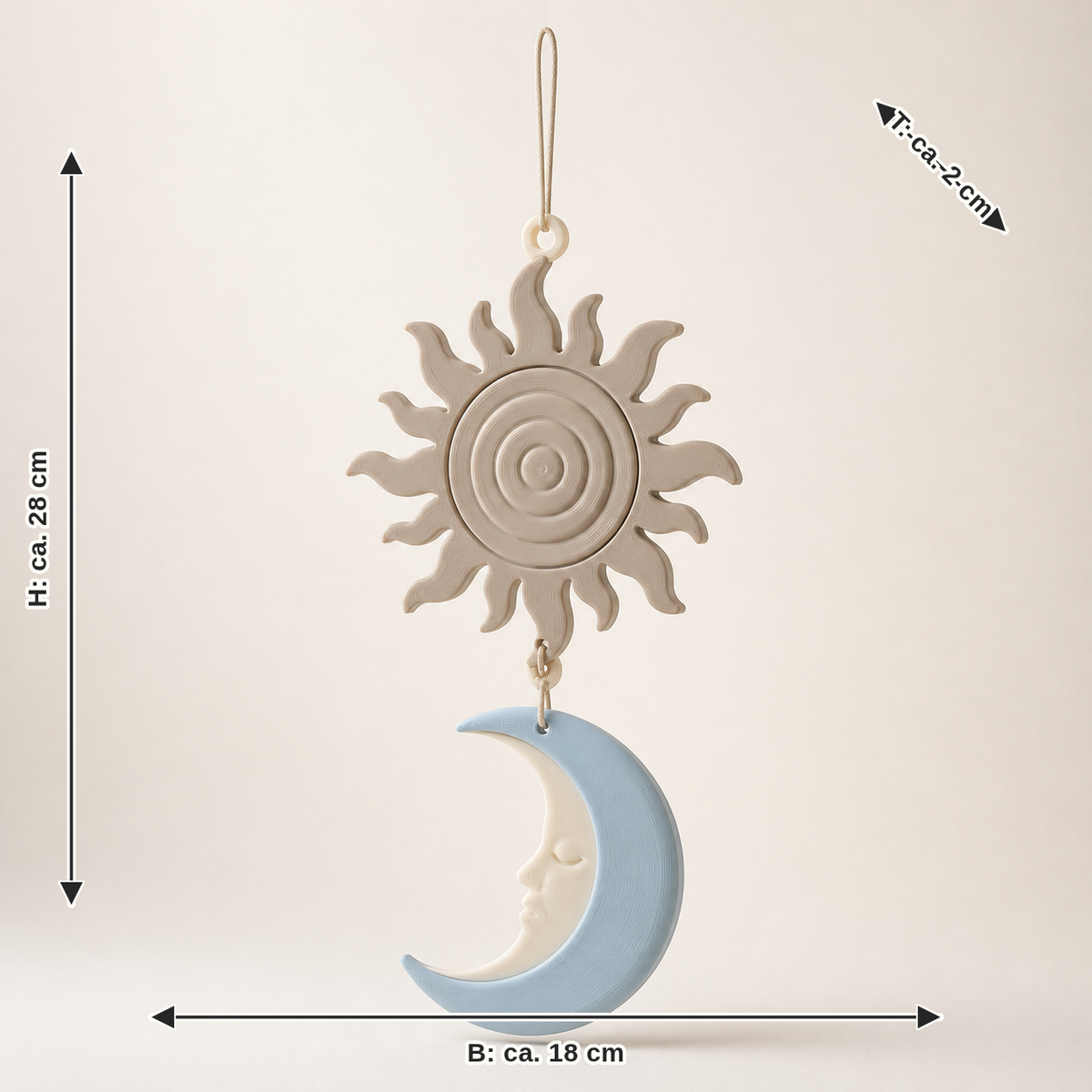 Dimensional image for window ornament Sun & Moon – Serene: width approx. 18 cm, depth approx. 2 cm, height approx. 28 cm