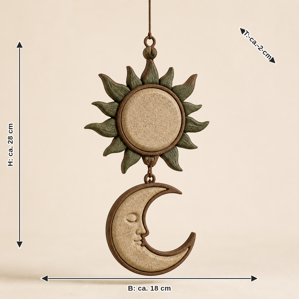 Maßbild für Fensterhänger Sonne & Mond – Urig: Breite ca. 18 cm, Tiefe ca. 2 cm, Höhe ca. 28 cm