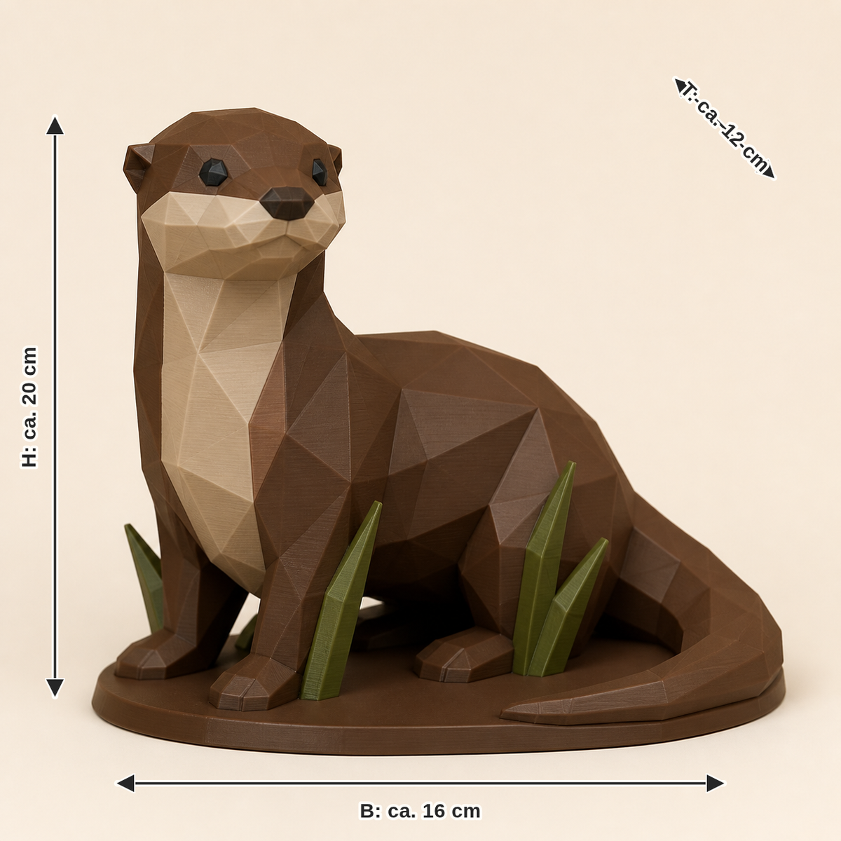 Maßbild für Fischotter-Low-Poly-Skulptur Facettenfigur: Breite ca. 16 cm, Tiefe ca. 12 cm, Höhe ca. 20 cm
