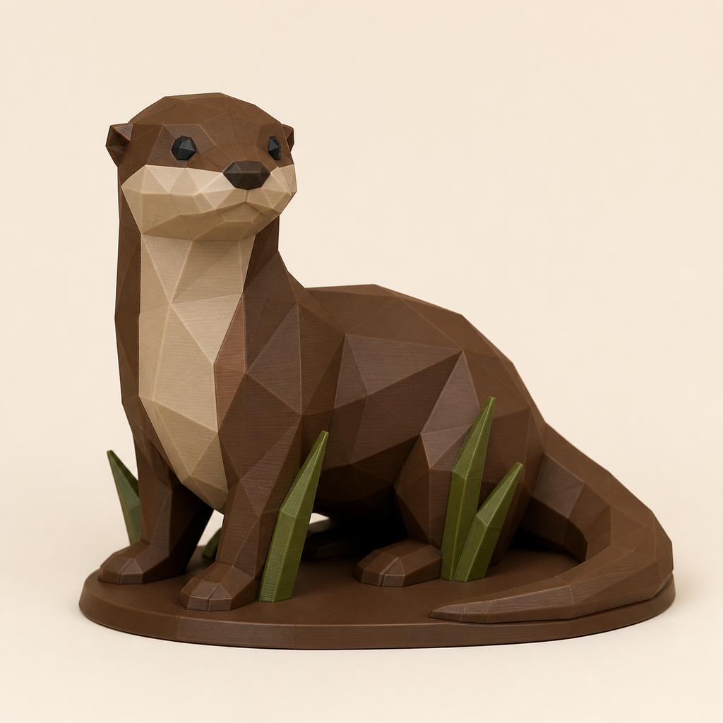 Fischotter-Low-Poly-Skulptur Facettenfigur aus 3D-gedrucktem PETG in Kastanienbraun, Sandbeige, Olivgrün
