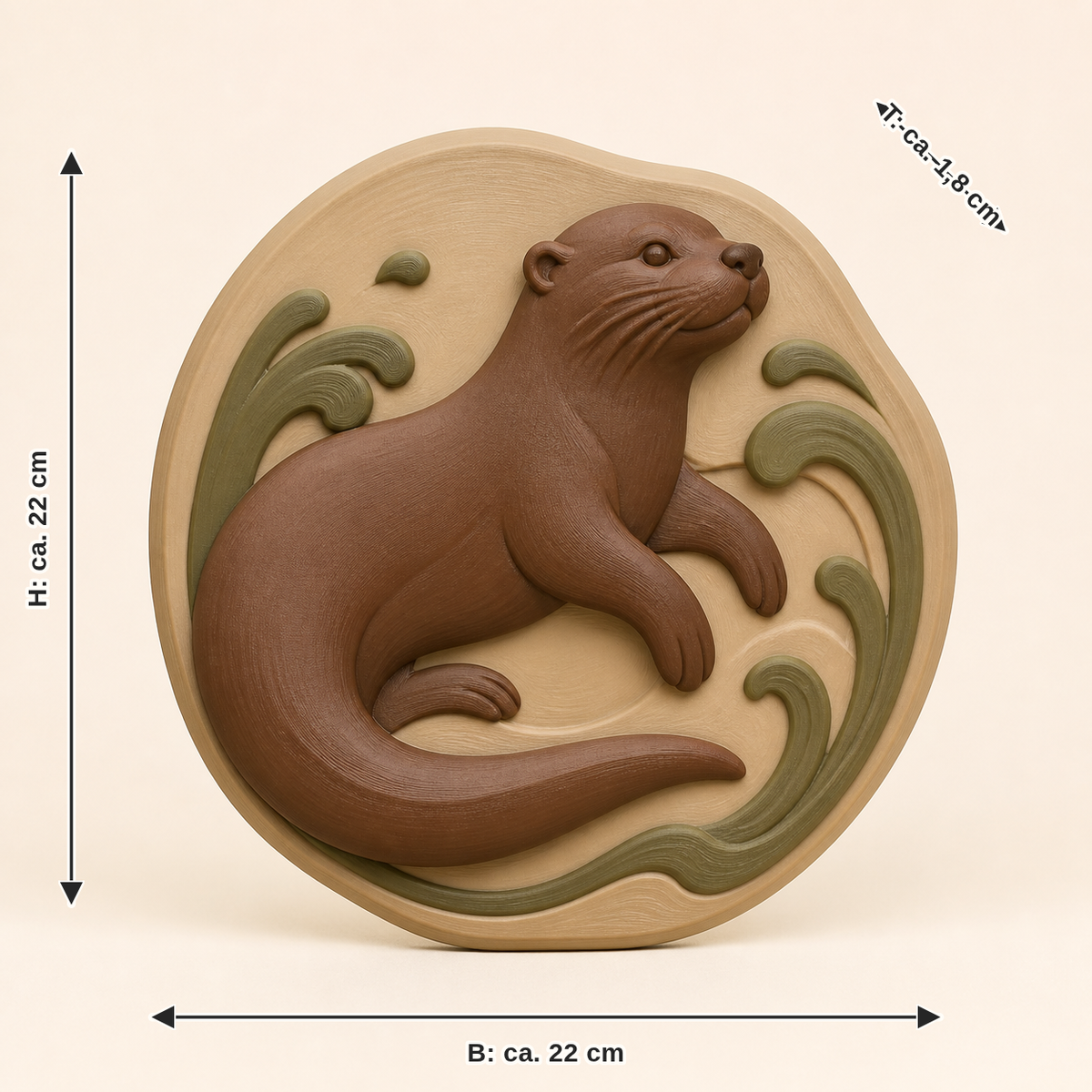 Maßbild für Fischotter-Wandrelief Tierporträt: Breite ca. 22 cm, Tiefe ca. 1.8 cm, Höhe ca. 22 cm