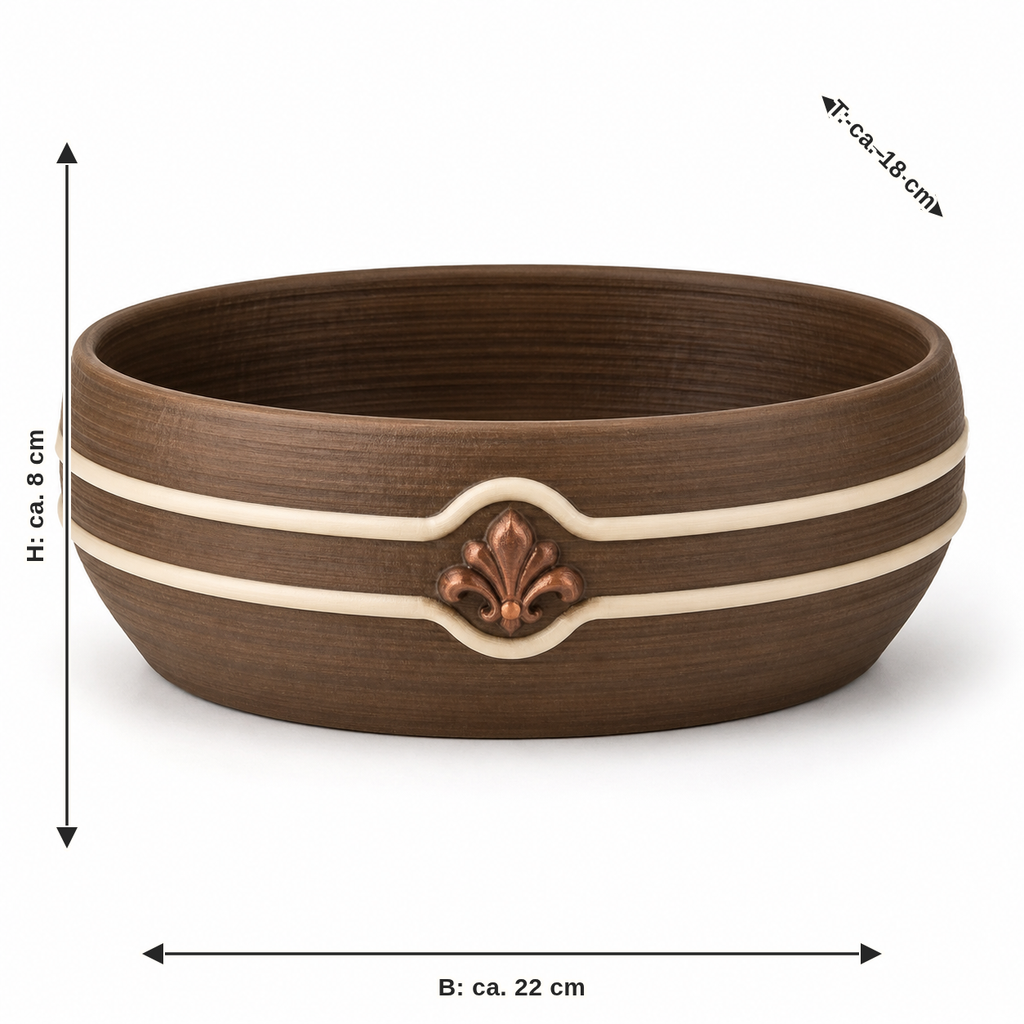 Dimensional image for flat planter bowl with lily medallion: width about 22 cm, depth about 18 cm, height about 8 cm
