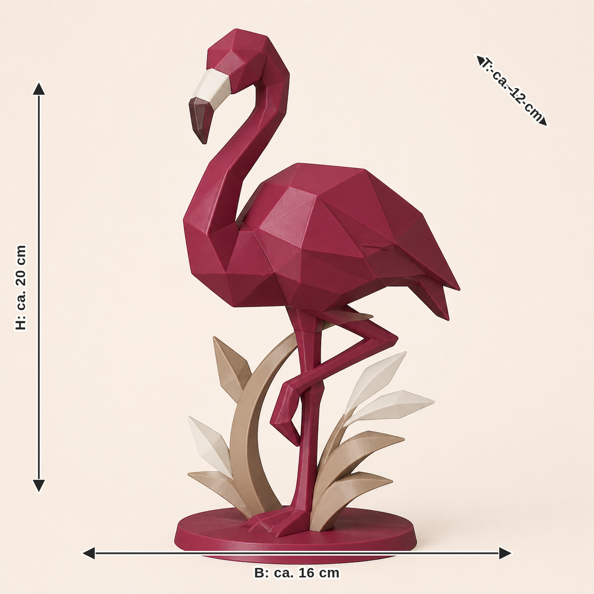 Maßbild für Flamingo-Low-Poly-Skulptur Facettenfigur: Breite ca. 16 cm, Tiefe ca. 12 cm, Höhe ca. 20 cm