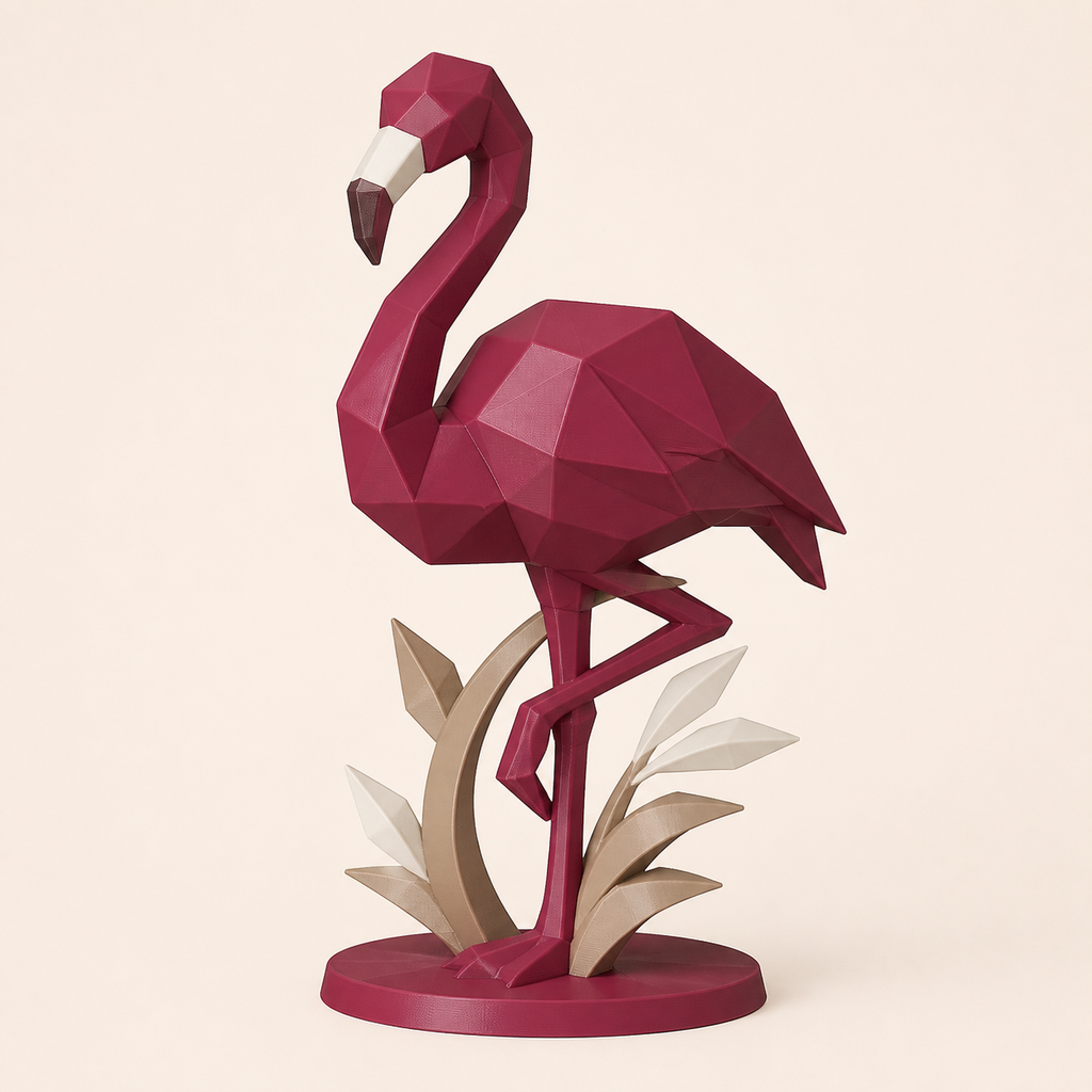 Flamingo-Low-Poly-Skulptur Facettenfigur aus 3D-gedrucktem PETG in Bordeaux, Sandbeige, Knochenweiß