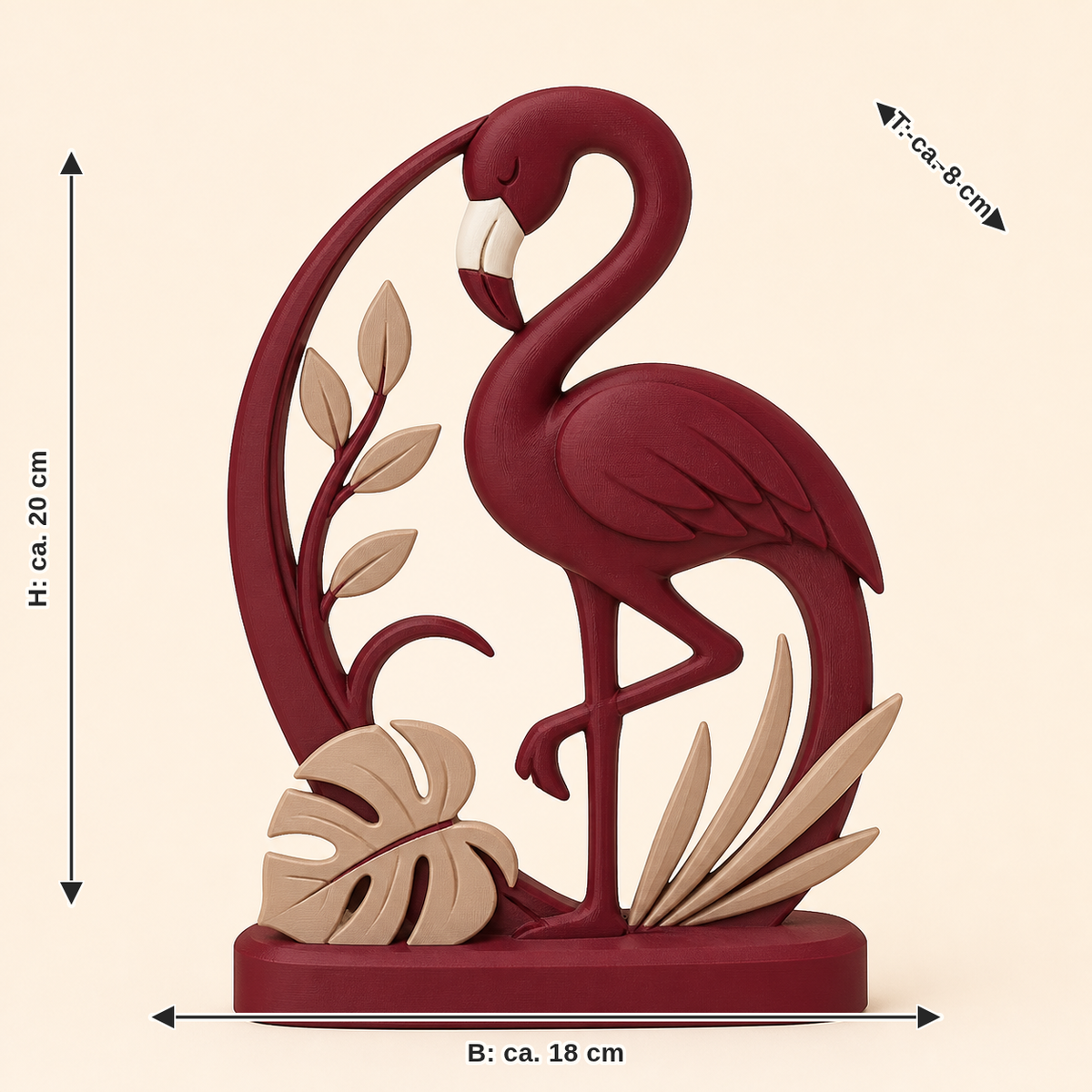 Maßbild für Flamingo-Tischaufsteller Charakter-Aufsteller: Breite ca. 18 cm, Tiefe ca. 8 cm, Höhe ca. 20 cm