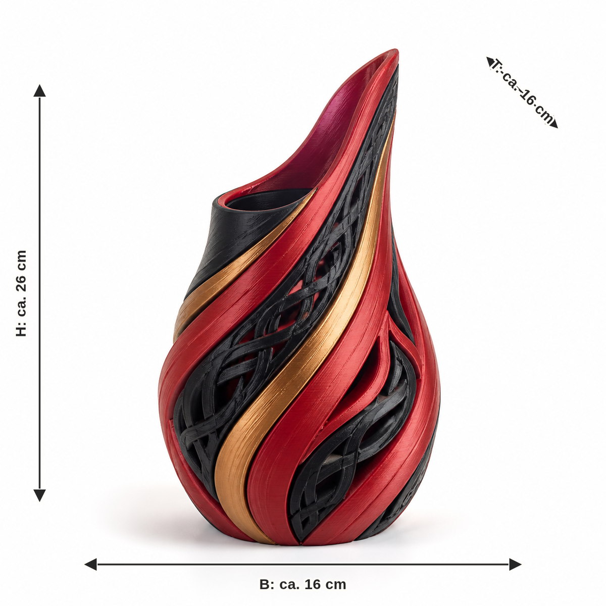 Measurement for flame vase in red, black and gold: width approx. 16 cm, depth approx. 16 cm, height approx. 26 cm
