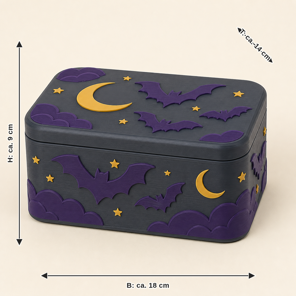 Maßbild für Fledermausmond-Aufbewahrungsbox Nachtbox: Breite ca. 18 cm, Tiefe ca. 14 cm, Höhe ca. 9 cm