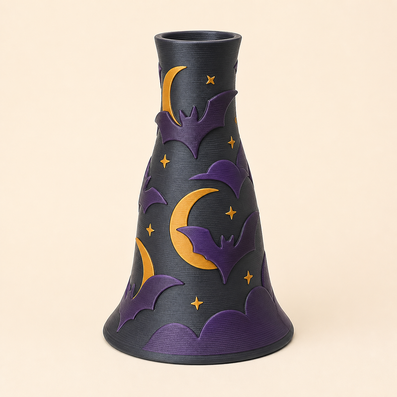 Fledermausmond-Trockenblumen-Vase Mondvase aus 3D-gedrucktem PETG in Anthrazit, Ockergelb, Dunkelviolett