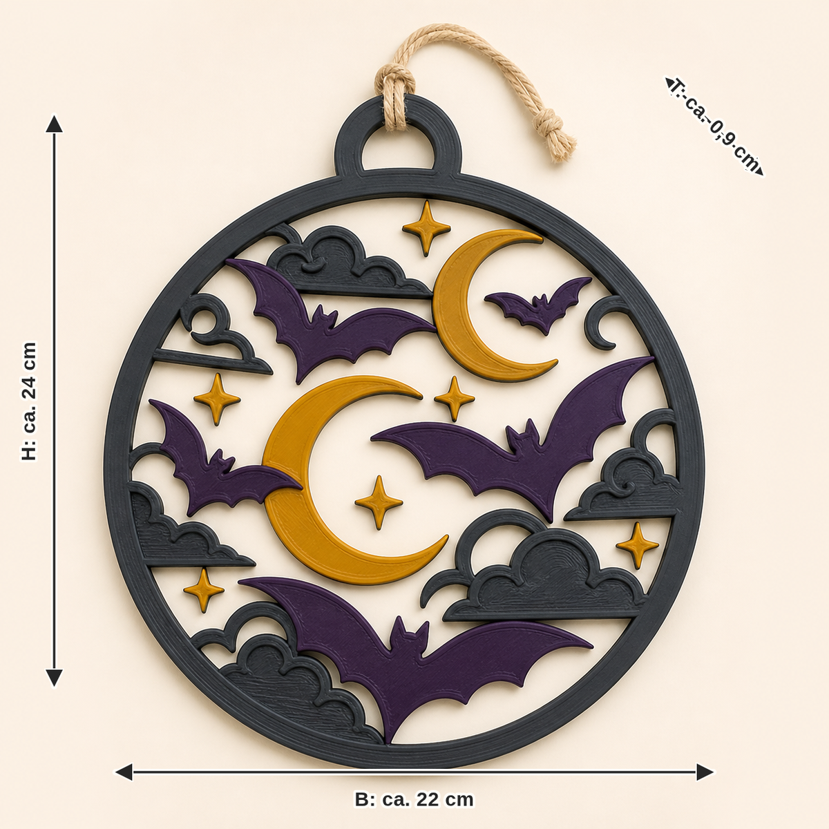 Maßbild für Fledermausmond-Türhänger Flügelportal: Breite ca. 22 cm, Tiefe ca. 0.9 cm, Höhe ca. 24 cm