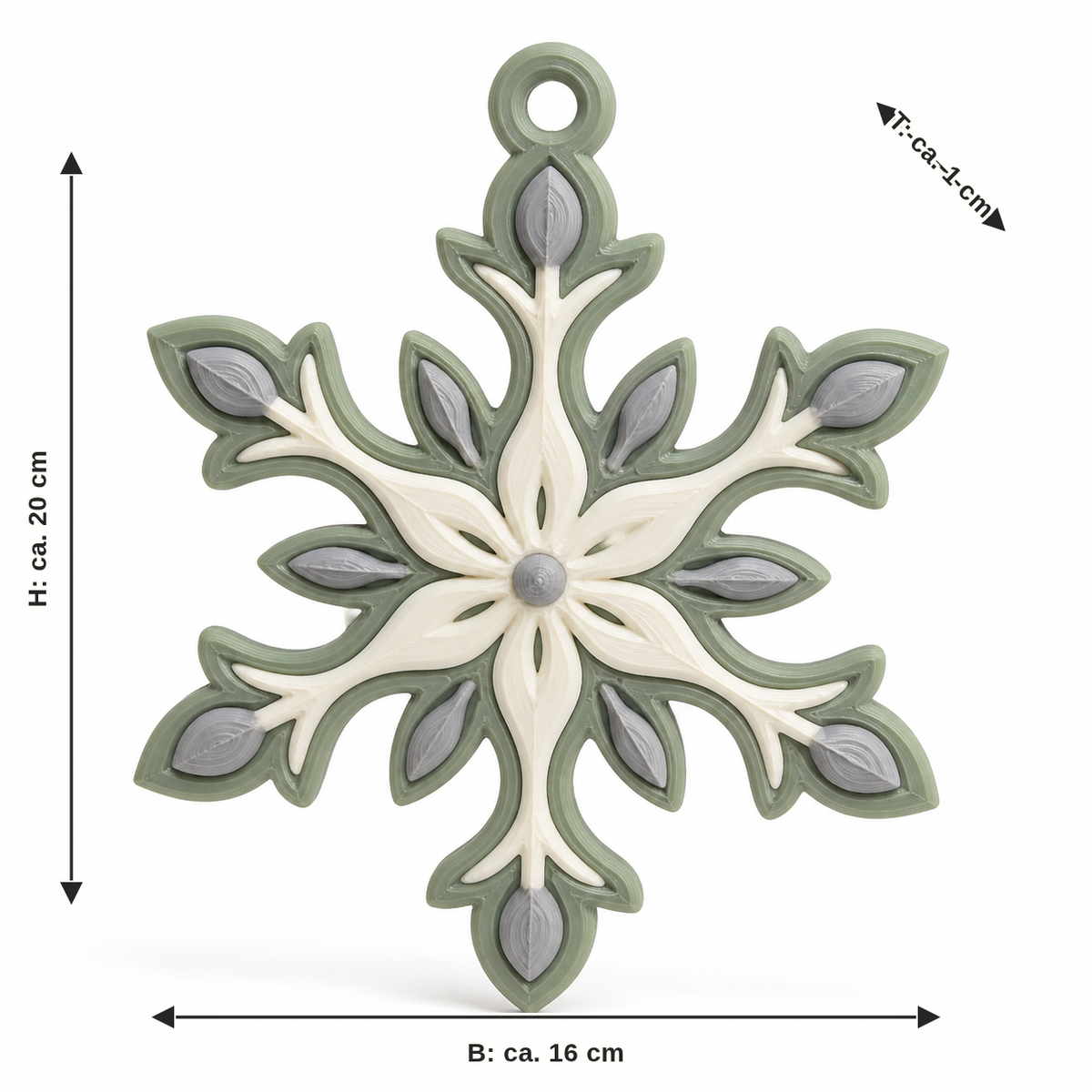 Dimensional image for Floraler snowflakes pendant in sage green: width approx. 16 cm, depth approx. 1 cm, height approx. 20 cm