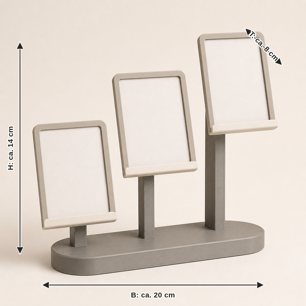 Maßbild für Foto-Clipständer Galerie – Minimalistisch: Breite ca. 20 cm, Tiefe ca. 8 cm, Höhe ca. 14 cm