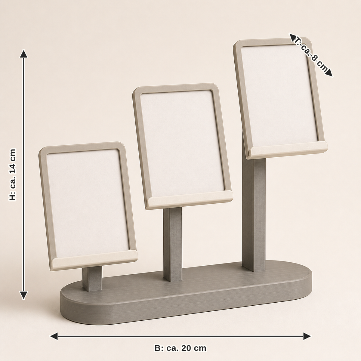 Maßbild für Foto-Clipständer Galerie – Minimalistisch: Breite ca. 20 cm, Tiefe ca. 8 cm, Höhe ca. 14 cm