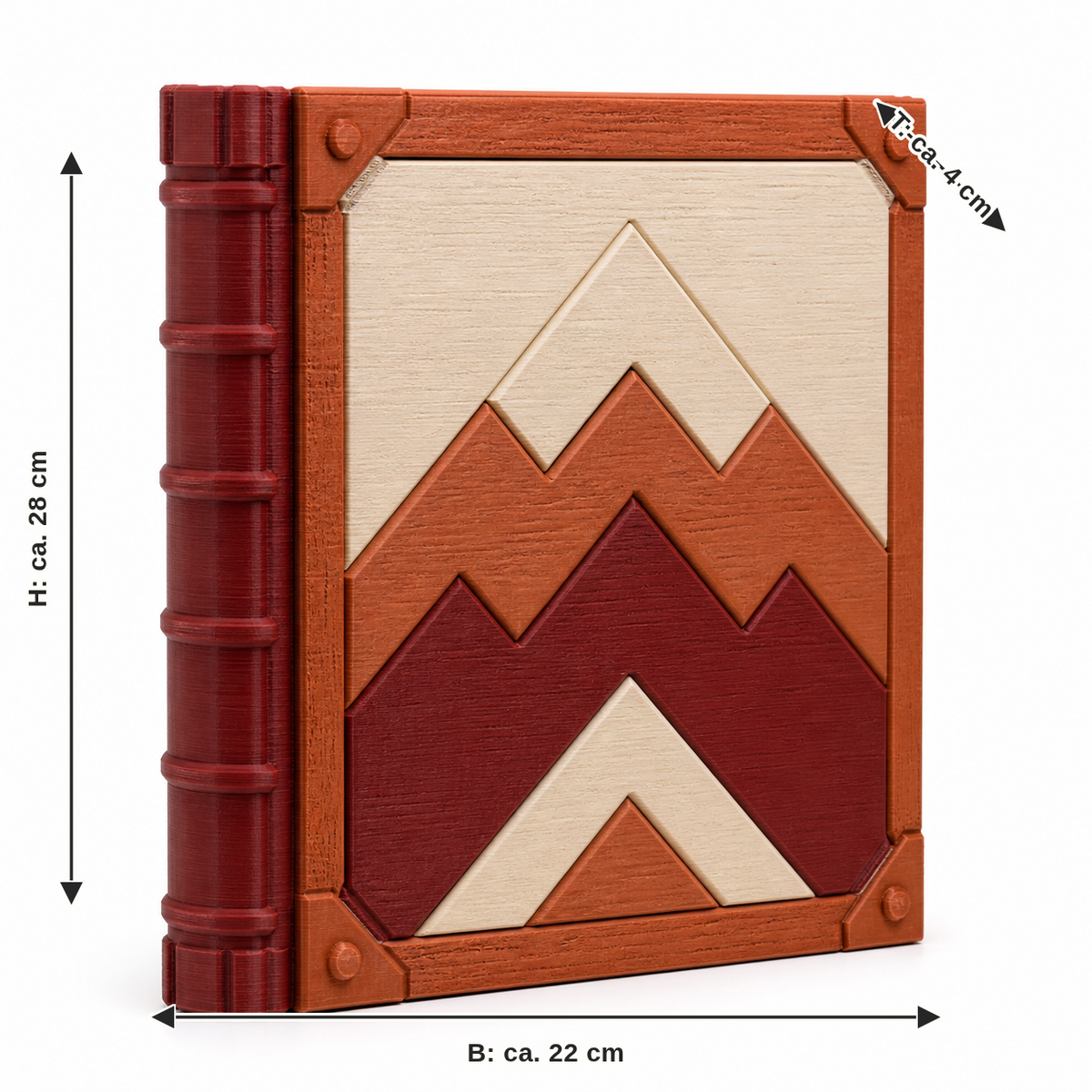 Maßbild für Fotoalbum mit Bergmotiv in Terrakotta: Breite ca. 22 cm, Tiefe ca. 4 cm, Höhe ca. 28 cm