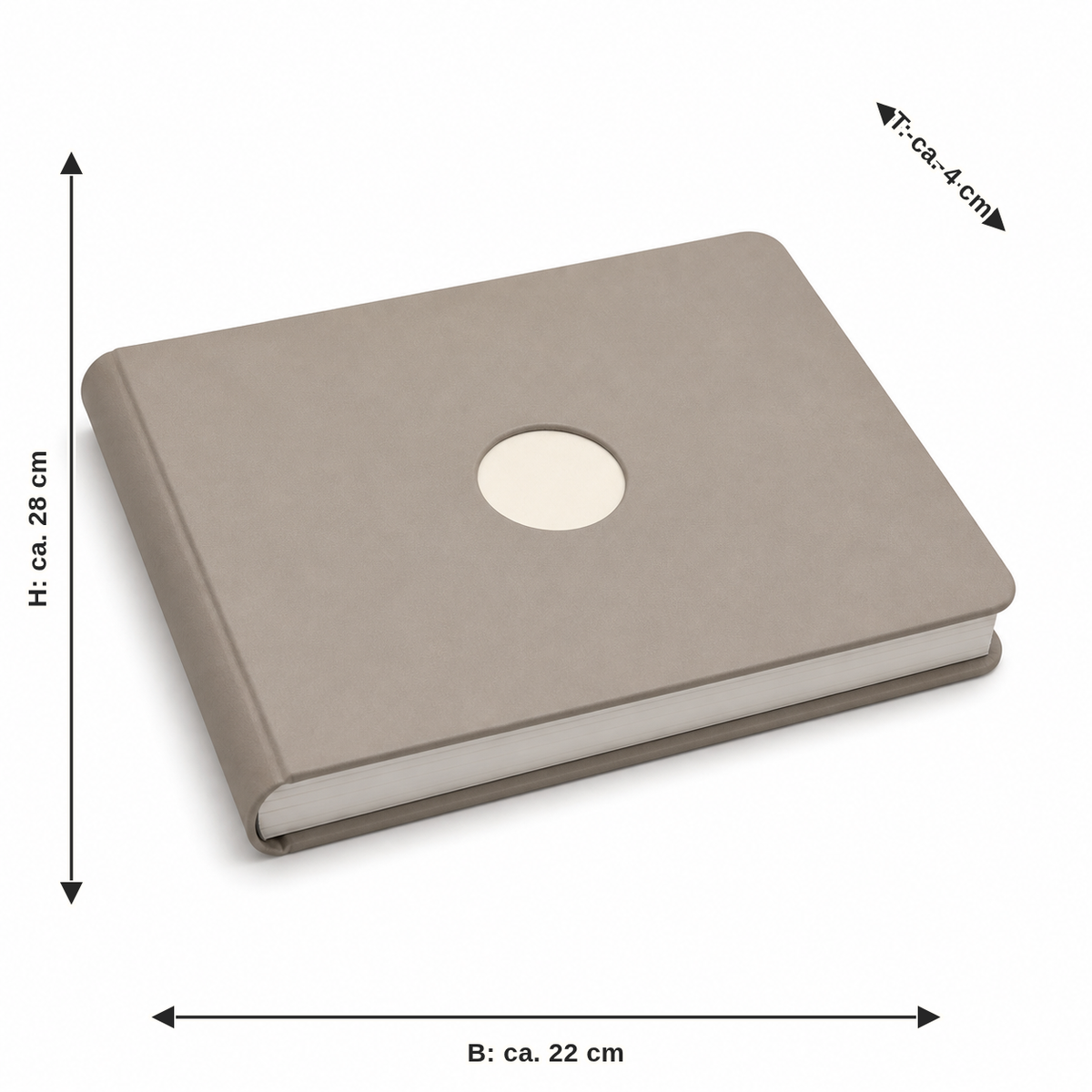 Maßbild für Fotoalbum mit Rundakzent in Taupe: Breite ca. 22 cm, Tiefe ca. 4 cm, Höhe ca. 28 cm