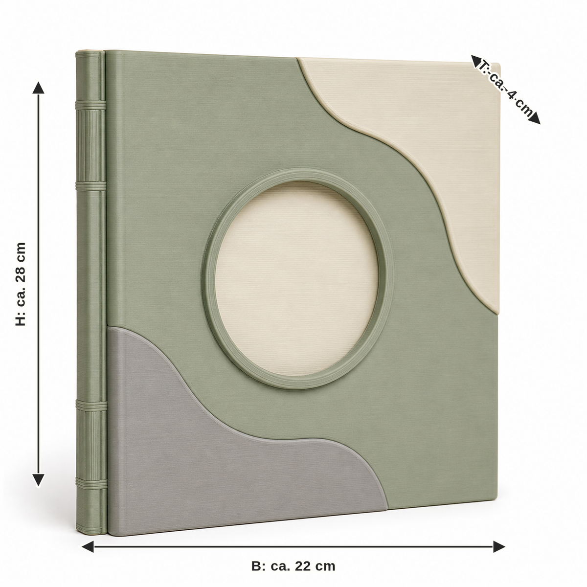 Dimensional image for photo album with round picture window and wave fields: width approx. 22 cm, depth approx. 4 cm, height approx. 28 cm