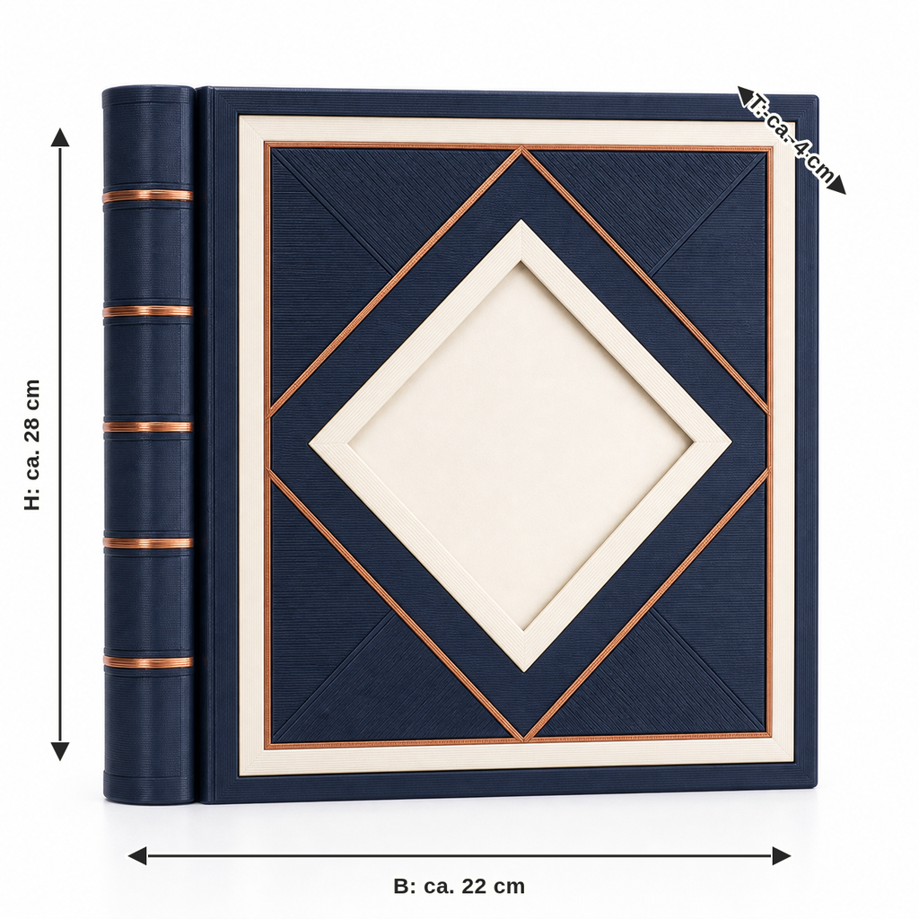 Dimensional image for photo album Night geometry: width about 22 cm, depth about 4 cm, height about 28 cm