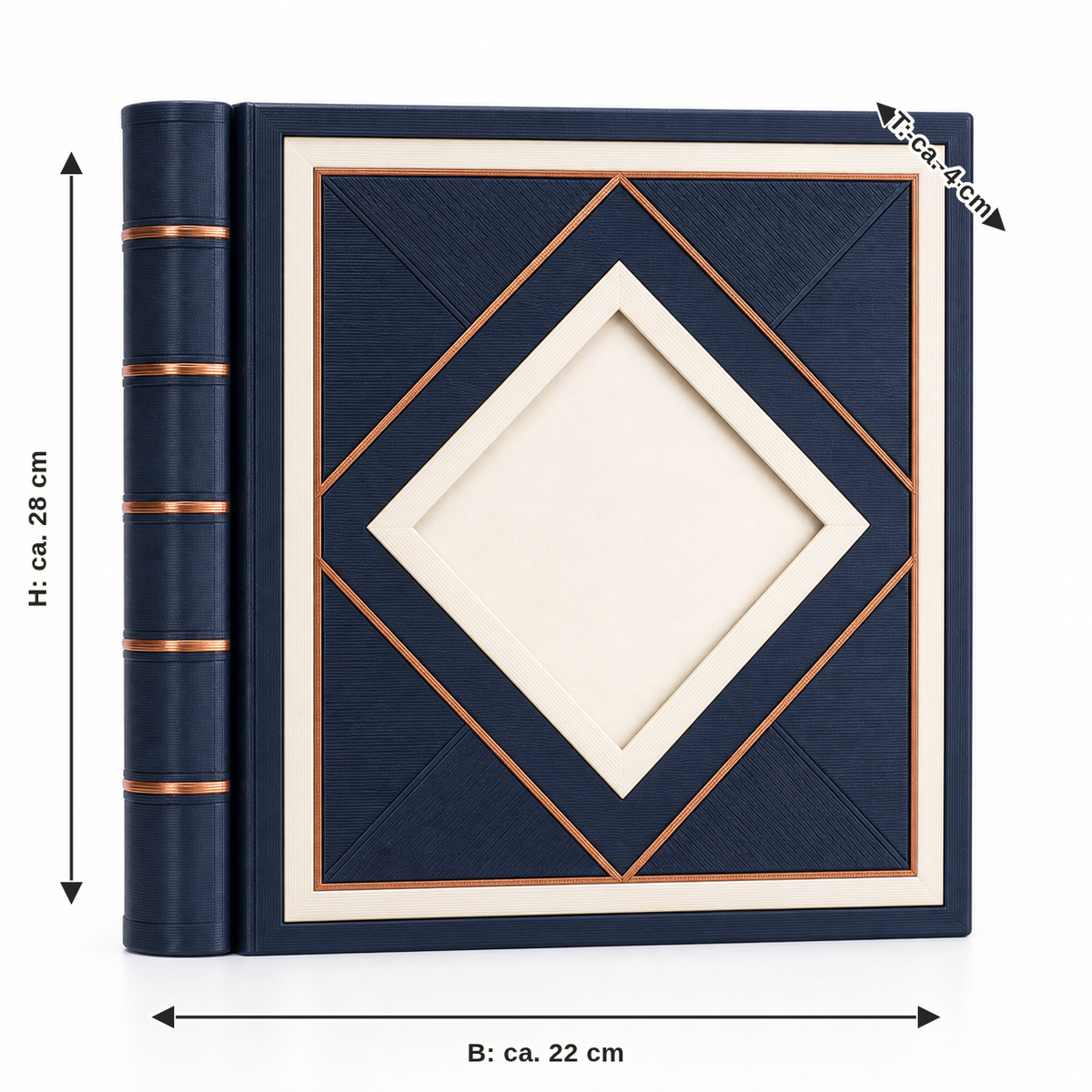 Dimensional image for photo album Night geometry: width about 22 cm, depth about 4 cm, height about 28 cm