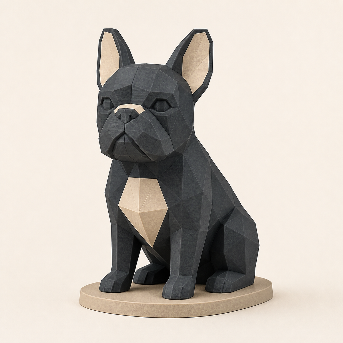 Französische Bulldogge-Low-Poly-Skulptur Facettenfigur aus 3D-gedrucktem PETG in Anthrazit, Sandbeige, Knochenweiß