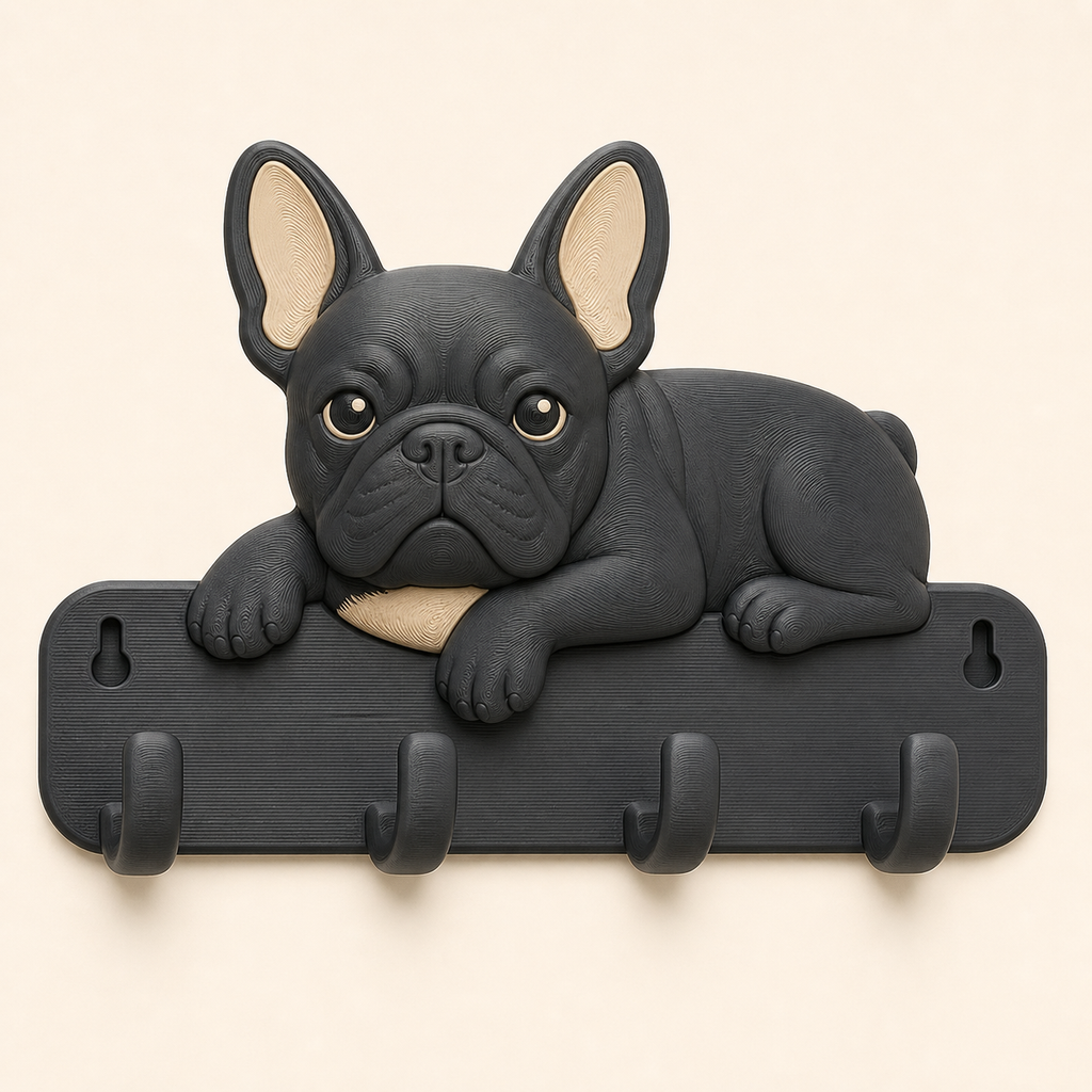 Französische Bulldogge-Schlüsselbrett Tierhaken aus 3D-gedrucktem PETG in Anthrazit, Sandbeige, Knochenweiß