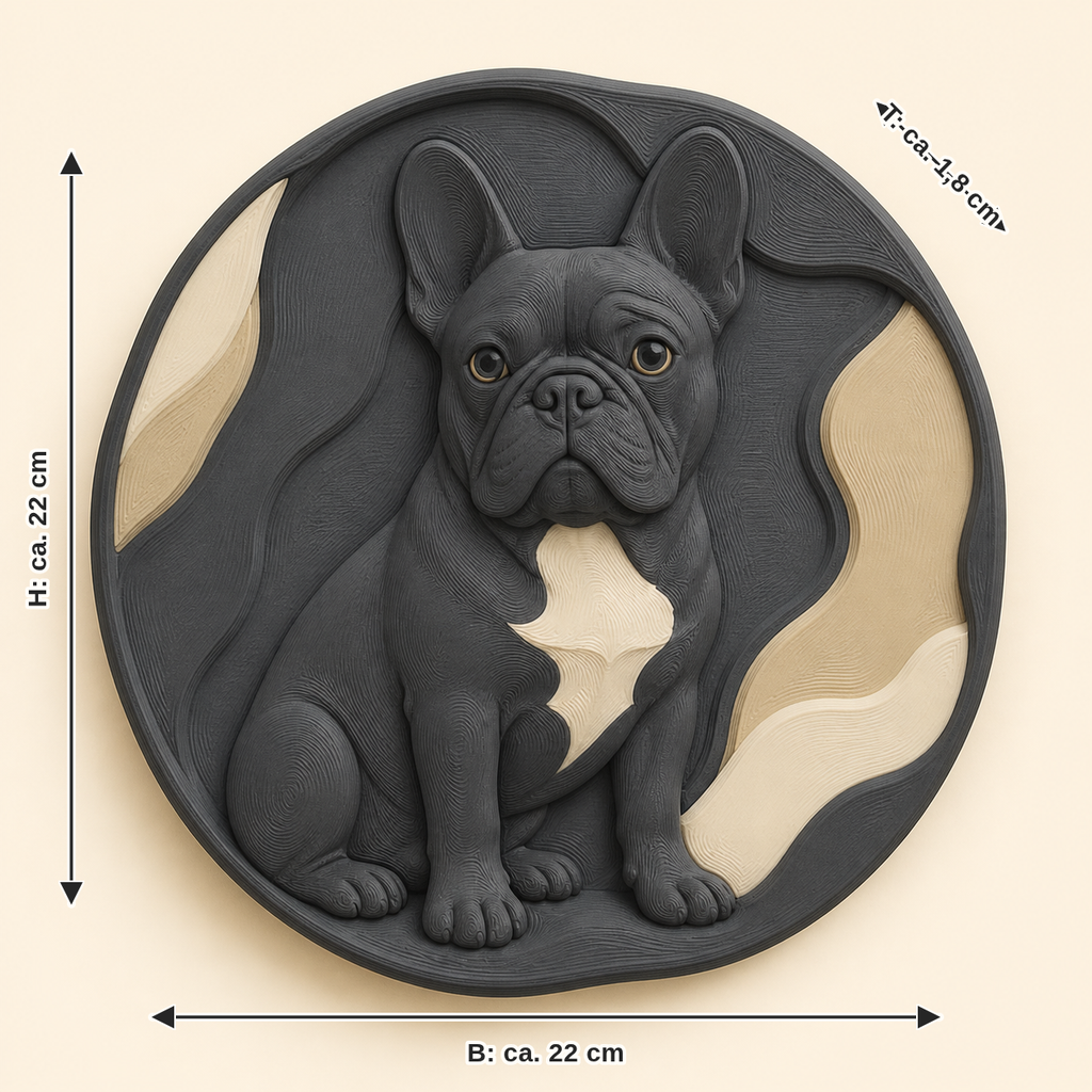 Maßbild für Französische Bulldogge-Wandrelief Tierporträt: Breite ca. 22 cm, Tiefe ca. 1.8 cm, Höhe ca. 22 cm