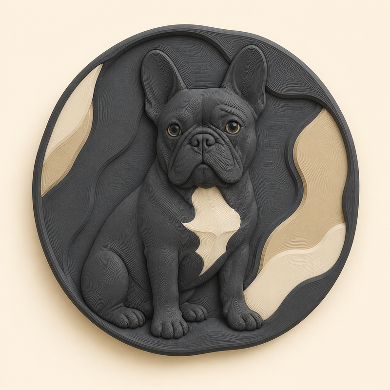 Französische Bulldogge-Wandrelief Tierporträt aus 3D-gedrucktem PETG in Anthrazit, Sandbeige, Knochenweiß