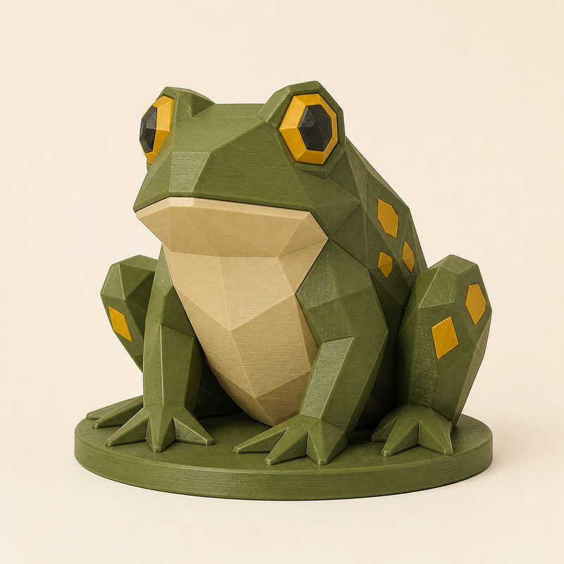 Frosch-Low-Poly-Skulptur Facettenfigur aus 3D-gedrucktem PETG in Olivgrün, Ockergelb, Sandbeige