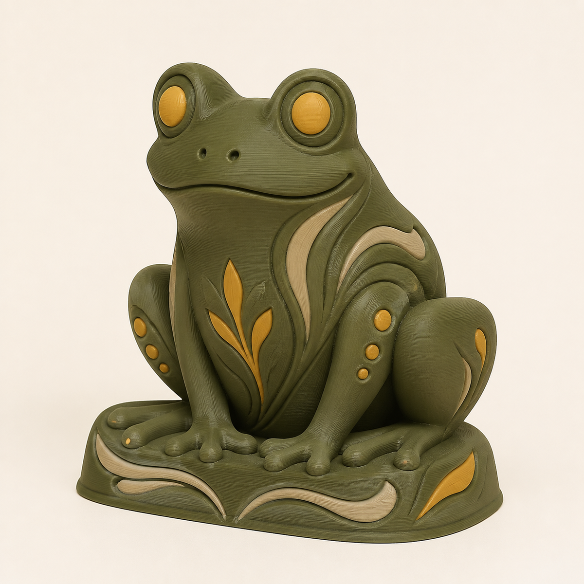Frosch-Tischaufsteller Charakter-Aufsteller aus 3D-gedrucktem PETG in Olivgrün, Ockergelb, Sandbeige