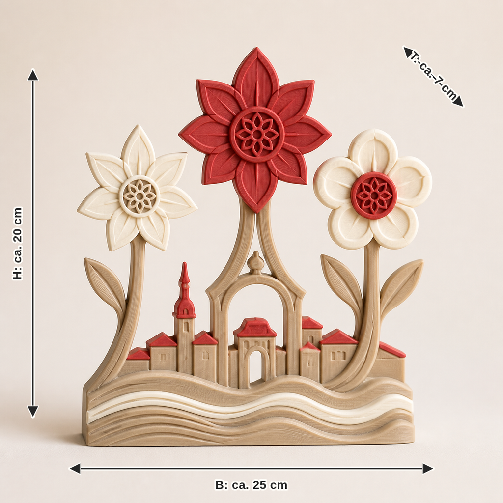 Dimensional image for Spring ornament Salzachblume – Salzburg: width approx. 25 cm, depth approx. 7 cm, height approx. 20 cm